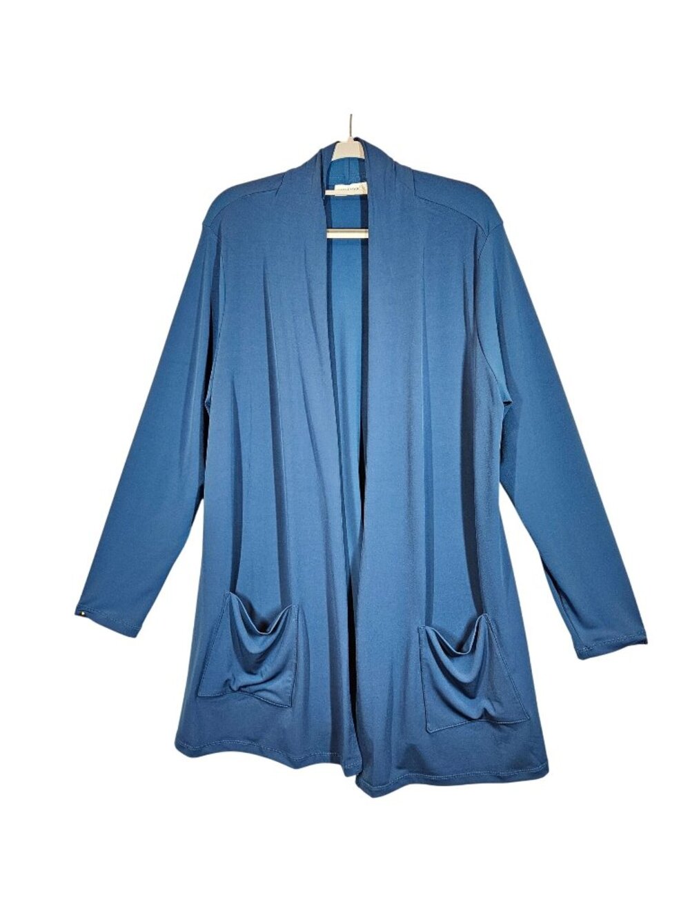 Susan Graver liquid knit Womens L blue Open Front Cardigan Pockets career flowy